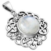 Rainbow Moonstone Celtic Shamrock leaves Silver Pendant, p486