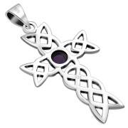 Amethyst Genuine Stone Cross Celtic Knot Silver Pendant