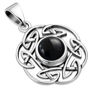 Black Onyx Round Celtic Knot Silver Pendant