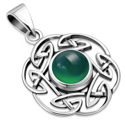 Green Agate Round Celtic Knot Silver Pendant - p490
