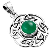 Green Agate Round Celtic Knot Silver Pendant - p490