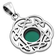 Green Agate Round Celtic Knot Silver Pendant - p490