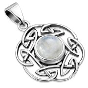 Rainbow Moonstone Round Celtic Knot Silver Pendant
