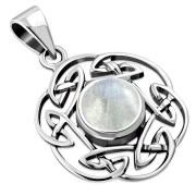 Rainbow Moonstone Round Celtic Knot Silver Pendant