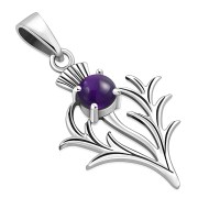 Small Silver Thistle Pendant set w/ Amethyst Cabochon Stone, p491at 