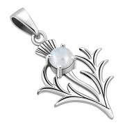 Small Silver Scottish Thistle Pendant w/ Rainbow Moonstone, p491