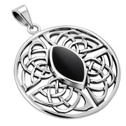 Large Round Celtic Silver Pendant w/ Black Onyx - p495