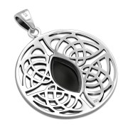 Large Round Celtic Silver Pendant w/ Black Onyx - p495