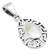 Mother of Pearl Drop Greek Key Silver Pendant, p510