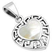 Mother of Pearl Heart Greek Key Silver Pendant, p511