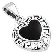 Black Onyx Heart Greek Key Silver Pendant, p511