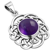 Round Celtic Knot Silver Pendant, set w Amethyst Genuine Stone