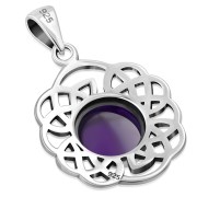 Round Celtic Knot Silver Pendant, set w Amethyst Genuine Stone