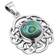 Round Celtic Knot Silver Pendant, set w Abalone