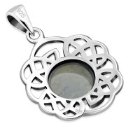 Round Celtic Silver Pendant, set w Rainbow Moonstone