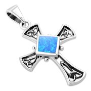 Synthetic Azure Opal Celtic Irish Trinity Knot Cross Silver Pendant, p564