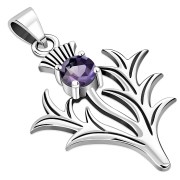 Large Silver Scottish Thistle Pendant w/ Amethyst Stone, p558