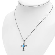 Synthetic Azure Opal Celtic Irish Trinity Knot Cross Silver Pendant, p564