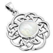 Mother Of Pearl Shell Round Celtic Knot Silver Pendant, p636