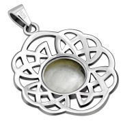 Mother Of Pearl Shell Round Celtic Knot Silver Pendant, p636