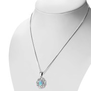 Small Synthetic Azure Opal Round Celtic Knot Silver Pendant - p692