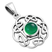 Small Green Agate Round Celtic Knot Silver Pendant - p692