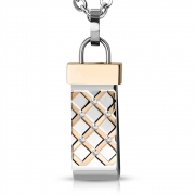 Stainless Steel 2-tone Grid Criss-Cross Motif Rectangle Charm Pendant w/ Clear CZ - PBL324