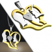 Stainless Steel 2-tone First Kiss Love Heart Charm Pendant w/ Clear CZ - PBL530