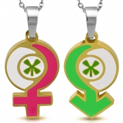 Gold Color Plated Stainless Steel 2-Piece Pink & Green Enameled Flower Gender Symbol Couple Pendant - PBL667
