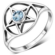 Faceted Blue Topaz Stone Pentacle Sterling Silver Ring, r427