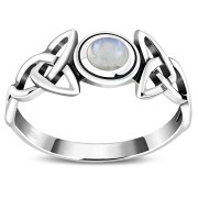 Trinity Knot Rainbow Moonstone Silver Ring, r442