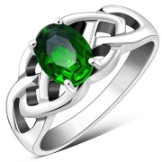 Green CZ Celtic Knot Silver Ring, r443