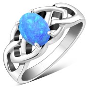 Synthetic Azure Blue Opal Celtic Knot Silver Ring, r443