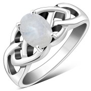 Rainbow Moonstone Celtic Knot Silver Ring, r443