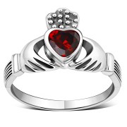 Celtic Claddagh Silver Ring set w Garnet CZ, r446