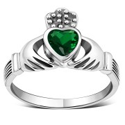 Celtic Claddagh Ring w Green CZ, r446