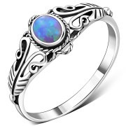 Native American Synthetic Azure Blue Opal Solid Silver Ring, r490