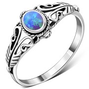 Native American Synthetic Azure Blue Opal Solid Silver Ring, r490