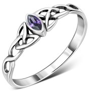 Celtic Thin Trinity Knot Silver Ring w Amethyst, r494