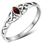 Celtic Thin Trinity Knot Silver Ring w Garnet, r494