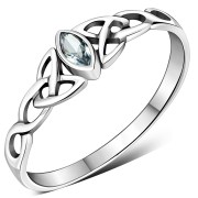 Thin Celtic Knot Silver Ring, set w Blue Topaz CZ, r494