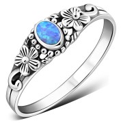 Synthetic Azure Blue Opal Flowers Silver Ring, r509