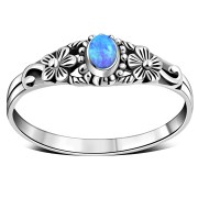 Synthetic Azure Blue Opal Flowers Silver Ring, r509