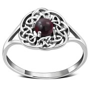 Delicate Round Garnet Celtic Silver Ring, r526