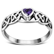 Celtic Knot Amethyst CZ Heart Silver Ring, r537