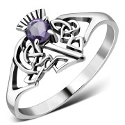 Celtic Knot Thistle Amethyst Genuine Stone Silver Ring, r541