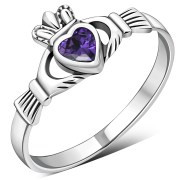 Amethyst CZ Irish Claddagh Silver Ring