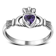 Amethyst CZ Irish Claddagh Silver Ring