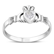 Clear CZ Irish Claddagh Silver Ring. r546