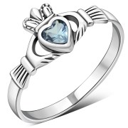 Blue Topaz CZ Irish Claddagh Silver Ring, r546